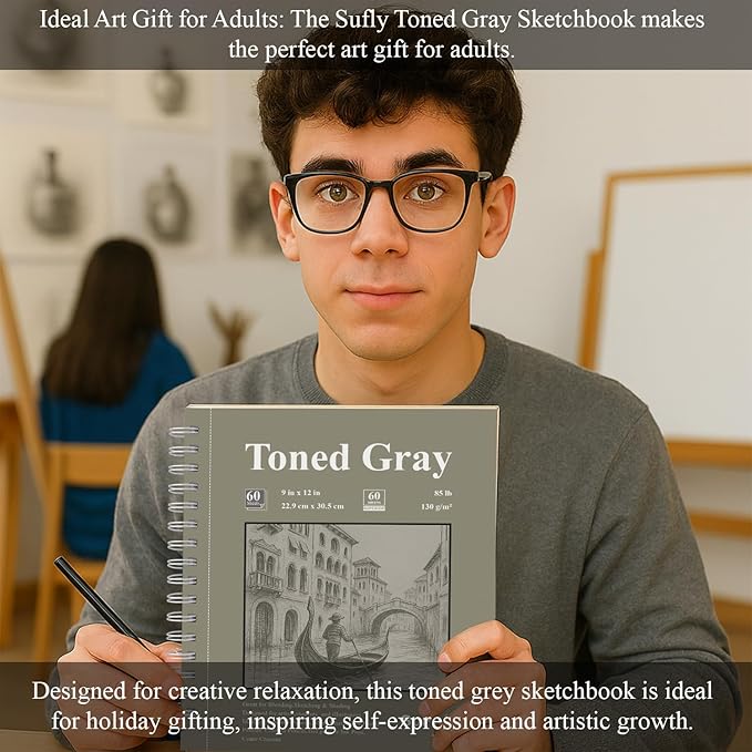 SuFly Gray Sketchbook 9" x 12" - 60 Sheets Spiral Bound Sketch Book, 85lb/130gsm Drawing Paper Pad for Graphite, Charcoal, Colored Pencils and Gel Pens.