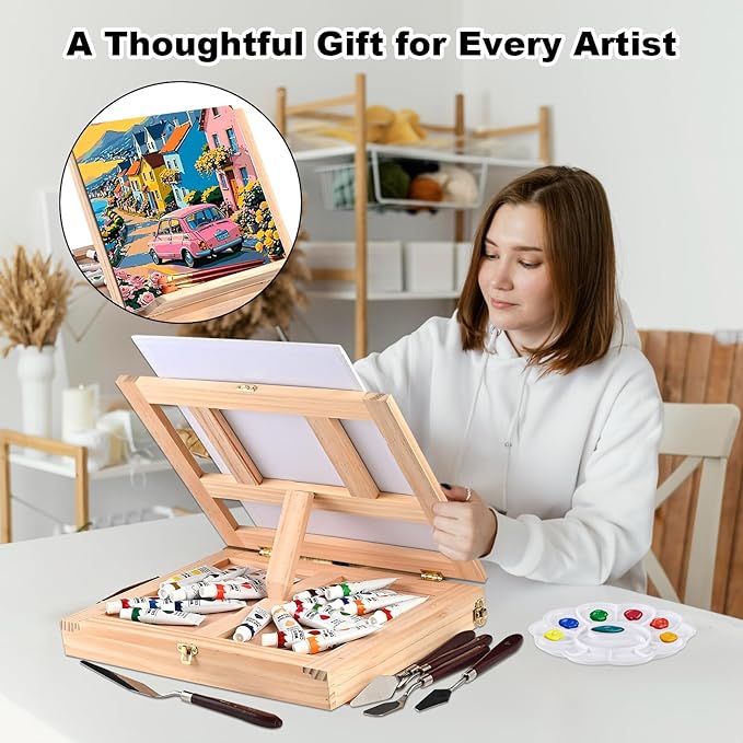 140-Piece All-in-One Painting Kit with Tabletop Wood Easel Box, 72-Color Acrylic Watercolor Oil Paint Set, Canvases, 41 Paintbrushes & Art Supplies for Adults, Artists & Beginners