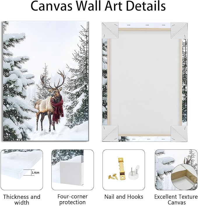 WENGTIAO Christmas Canvas Wall Art 3Pcs Winter Snowy Forest Prints Posters Red Truck Cabin Paintings Reindeer Pictures Vintage Xmas Artwork for Living Room Bedroom Bathroom Office 12”x16”x3