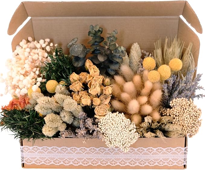 130Pcs DIY Mixed Natural Dried Flower Set, Preserved Flowers Bulk with Baby's Breath, Dried Roses, Eucalyptus Stems, Mini Handmade Flower Arrangement, Dried Flower for Home Decor