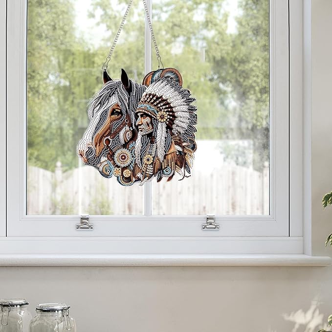 Diamond Art Suncatcher Hanging Kit Native American Horse Design, Special Shaped Diamond Painting Hanging Ornament for Adults DIY Wall Window Decoration