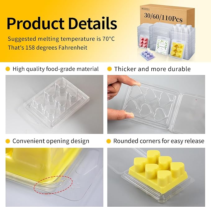 Wax Melt Container Clamshell Packaging Mold Box Stand for Plastic Clear Empty Wax Candle Melt Tart Packaging Cube Container Clamshell Mold Holder Organizer Tray Empty Shape Bulk wth Lids