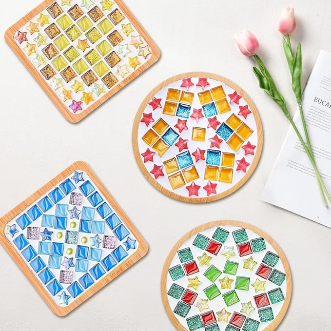 kuchisity 10 Set DIY Glass Mosaic Tiles for Crafts, Mixed Color Mosaic Kits with Wooden Coasters for Adults Bamboo Coaster for Creative Handmade Drinks Home Decoration