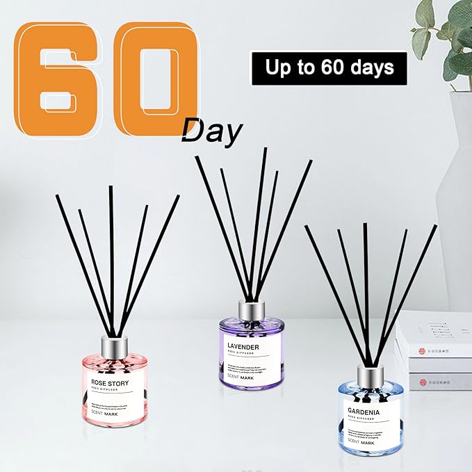 POWSHELF Reed Diffuser Set of 3 Pack,50ML Lavender Rose Gardenia Scented Oil Diffuser with 5 Sticks,Home Fragrance Reed Diffuser for Bedroom Bathroom Office (Lavender/Rose/Gardenia)