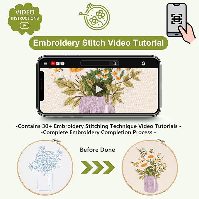 Santune Embroidery Kit for Beginners 4 Pack Needlepoint Cross Stitch Kits for Adults,Needle Point Sets with Flower Pattern Stitch Video Tutorial