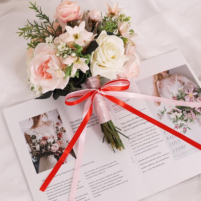 TONIFUL 5 Rolls Valentine Satin Ribbon Set - 3/8" x 25 Yards for Gift Wrapping, Crafts, Bouquet, Crafts, Bows Making, Wedding, Anniversary, Christmas Party Decoration (Red, Pink & White)