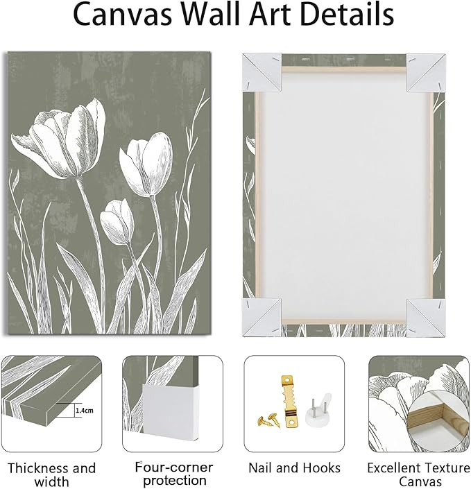 3 Pcs Boho White Flowers Botanical Canvas Wall Art Wooden Rustic Minimalist Farmhouse Floral Wall Paintings Vintage Blossom Picture Artwork Wall Decor for Bedroom Living Room Reay to Hang 12"x16"x3