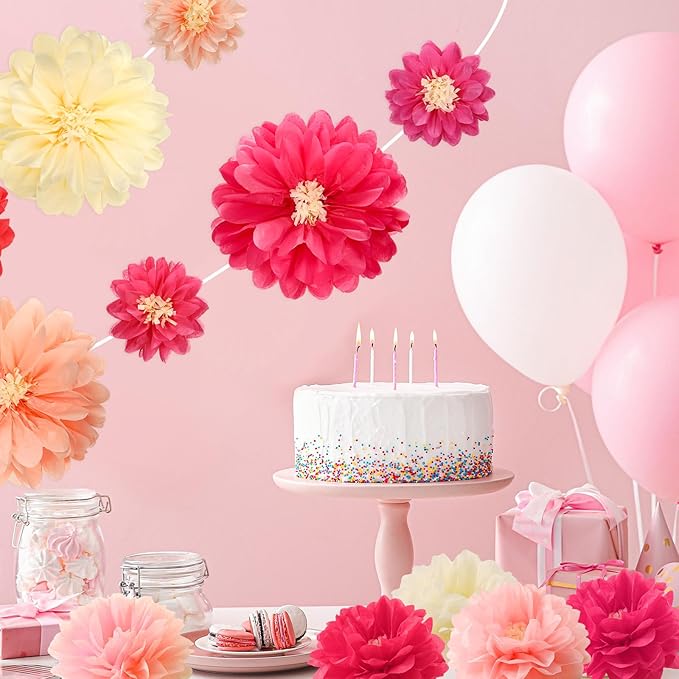 Watersay 12 Pcs 10" 20" Giant Mexican Fiesta Paper Flowers Colorful Tissue Crepe Flowers Pom Poms Craft for Floral Party Backdrop Wedding Birthday Party (Pink Color)