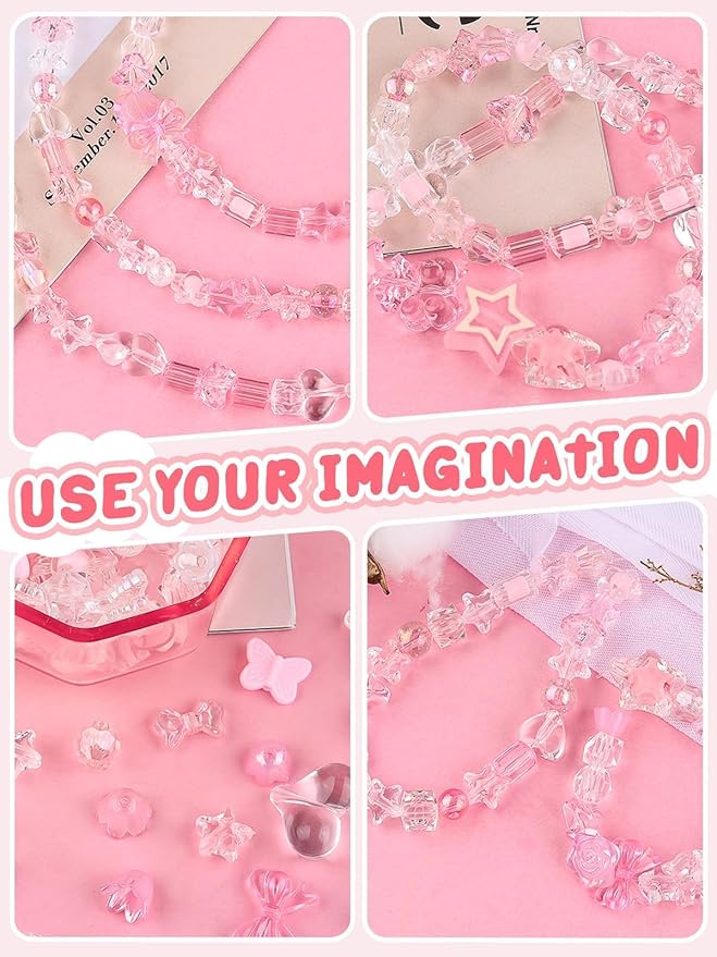 150PCS Acrylic Pastel Beads for Jewelry Making, Kalolary Colorful Bow Butterfly Flower Beads Kawaii Plastic Candy Heart Bead Cute Macaroon Aesthetic Bead for Bracelet Necklace DIY Supplies (Pink)