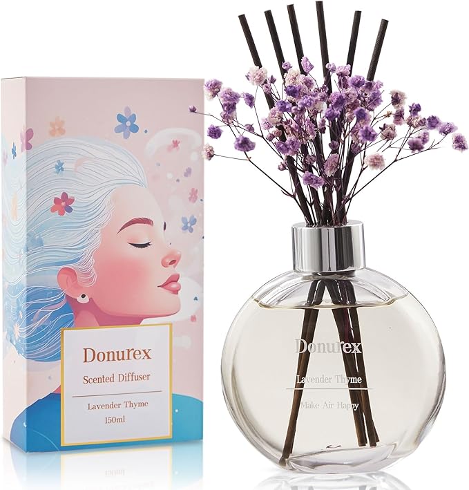 Donurex Flower Reed Diffuser Set 5.07oz Lavender Thyme Scent Diffuser with Sticks Home Fragrance Reed Diffuser for Bathroom Shelf Decor