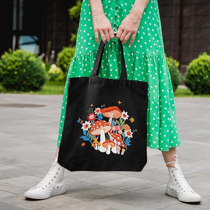 Louise Maelys Embroidery Kit Canvas Tote Bag for Beginners,Cross Stitch Kits for Adults,Arts Crafts Needlepoint with Mushroom Flower Pattern,Women Shopping Reusable Grocery Bags