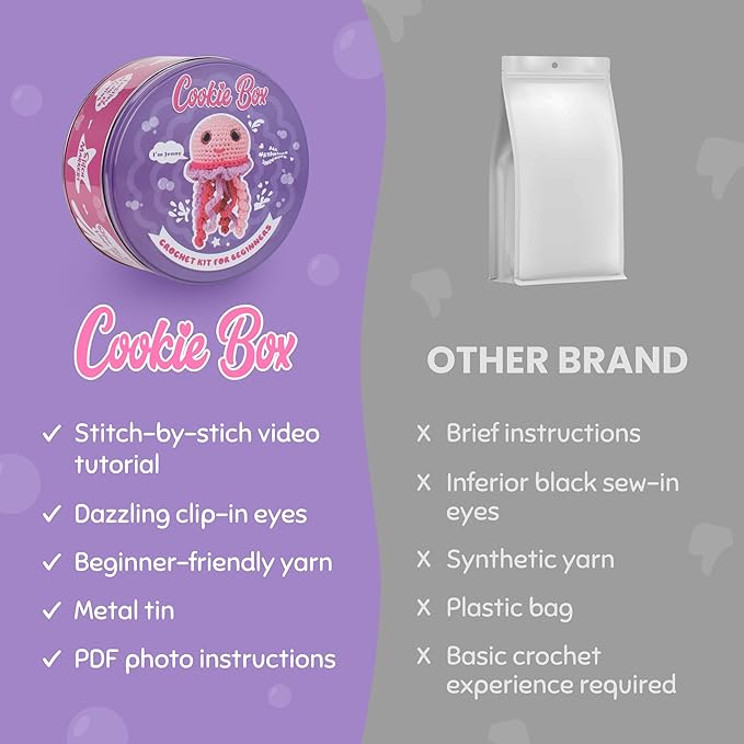 Cookie Box Crochet Kit for Beginners β Gift Set to Make Jellyfish Jenny Amigurumi Plushie β Easy DIY Crochet & Knitting Starter Kit with Video and PDF Tutorials
