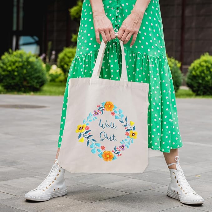 Louise Maelys Funny Embroidery Kit Canvas Tote Bag for Beginners,Cross Stitch Kits for Adults,DIY Crafts Needlepoint,Women Shopping Reusable Grocery Bags