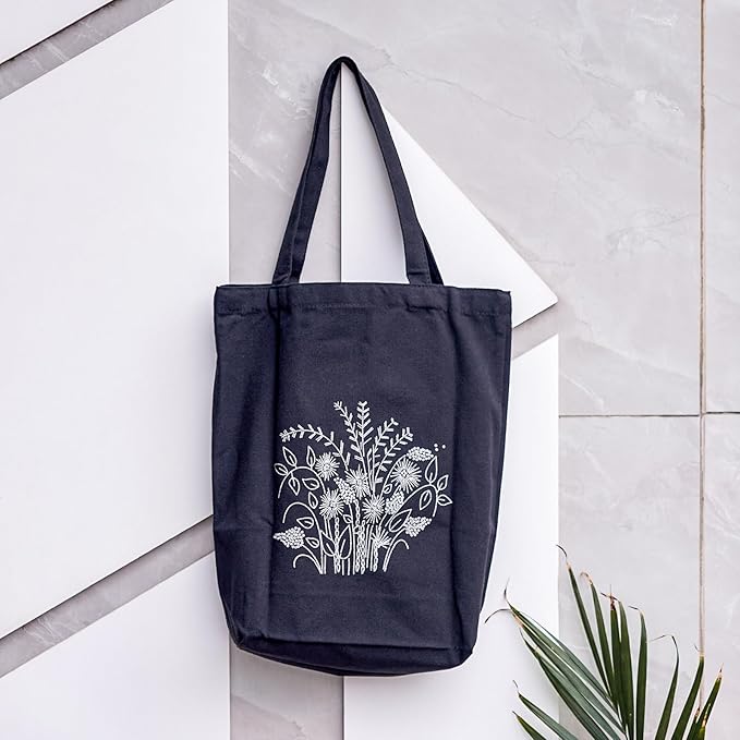 Craftdady Canvas Tote Bag Embroidery Kit Black Canvas Bag with Flower Patterns Instructions Embroidery Bag Embroidery Hoops Color Threads and Tool for DIY Beginners