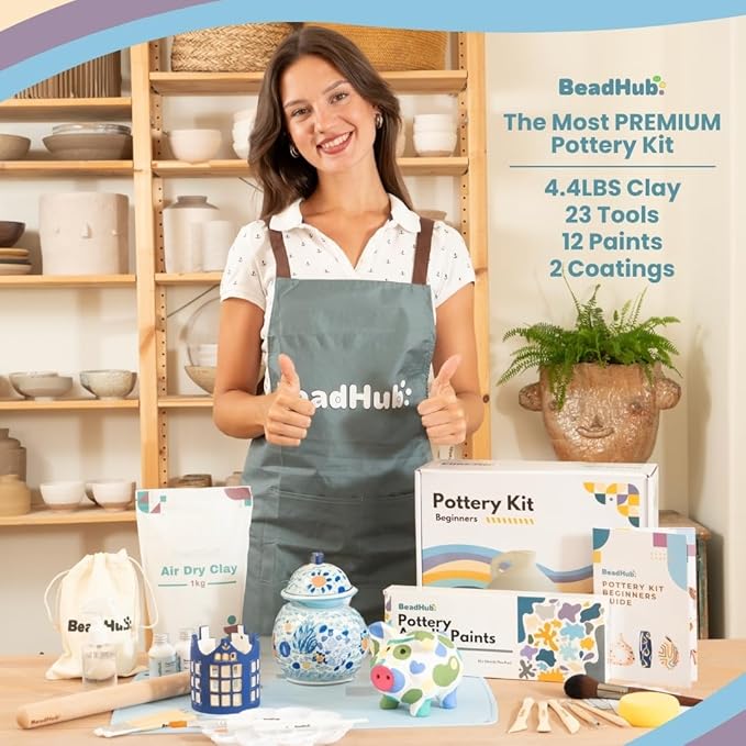 Pottery Kit for Beginners, 4.4LBS Air Dry Clay for Adults with Sculpting Tools, Paint, Glaze, 2kg Air-Dry Modeling Clay | Molding, Sculpt & Painting Set, Hobby Date Night DIY Art Craft Kits (White)
