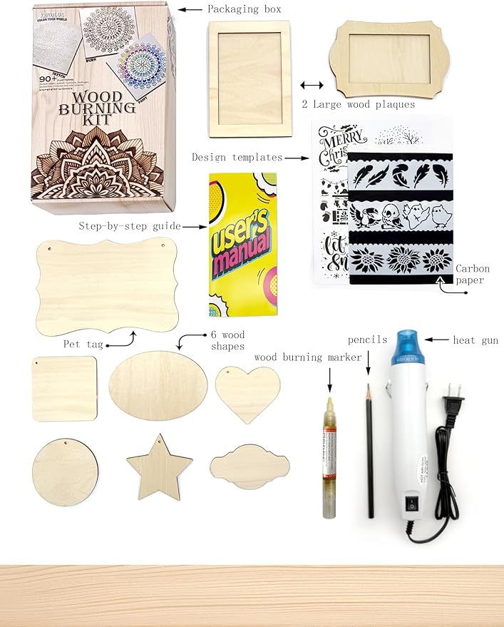 Xenolog Beginner-Friendly Wood Burning kit with Markers, Heat Gun, Wood Slices, Stencils, Pencil, Transfer Paper & plaques - Ideal Gift for Artists, DIY Lovers & Teens