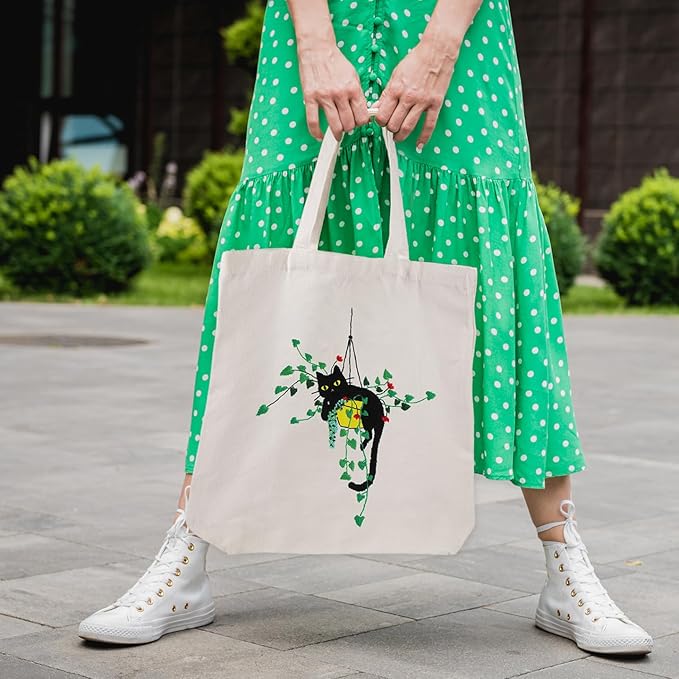 Louise Maelys Canvas Tote Bag Embroidery Kit for Beginners,Cross Stitch Kits for Adults,Arts and DIY Crafts Needlepoint with Plant Cat Pattern,Women Shopping Reusable Grocery Bags