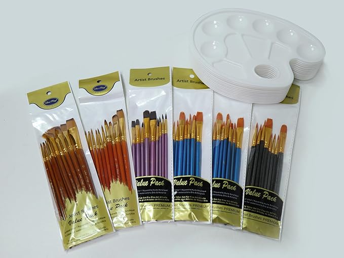 72 Pcs Painting Brush Palette Set, 60 Pcs Paint Brushes with 12 Pcs Palettes to Create Art Paint Oil Watercolor