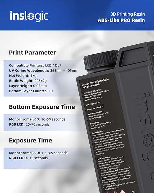 Inslogic ABS-Like Pro Resin 1kg, High Toughness 3D Printer Resin/UV Resin, Fast Curing & Low Odor, Ultra-High Precision Matte Finish for Miniatures, Prototyping & Functional Parts (Grey)