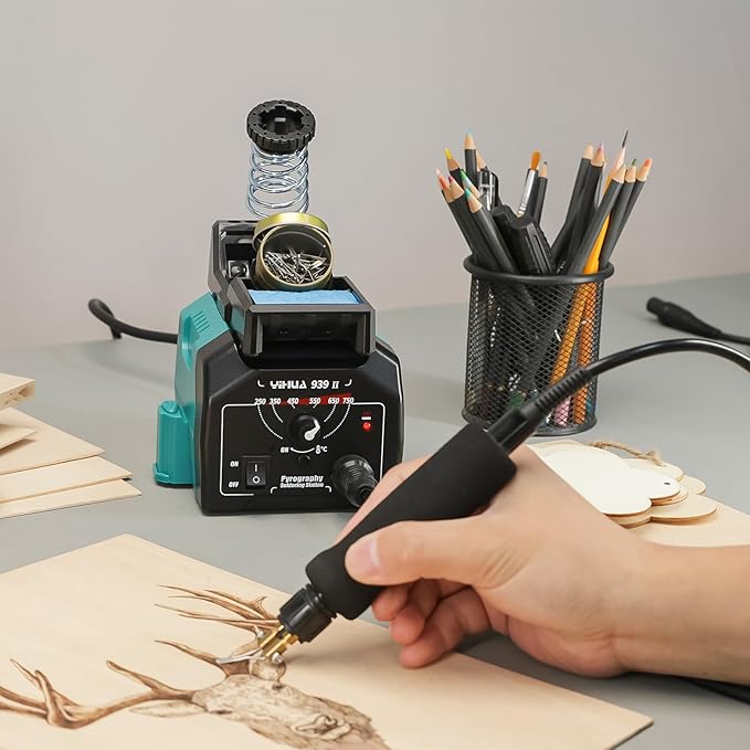 YIHUA 939-II Wood Burning Kit Station Pyrography pen 250~750℃/482~1382℉ Temperature Adjustable with 20 Wire Nibs, 1 stable pen holder, 2 stencils, 2 scrap wood, 1 S/S Tweezers, and 1 pliers (Green)