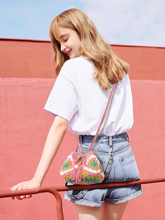 Noocro Crochet Kit Granny Square Shumai Bag, Purse, Complete DIY Kit, Detailed Instructions, Video Tutorials, for Beginners or Intermediate and Advanced Crocheters (Peachy Pink)