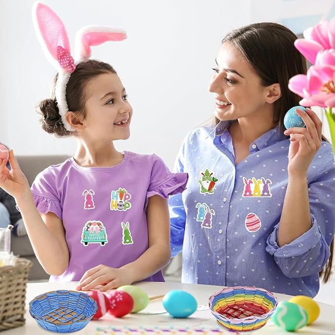 WADORN 15 Sets Basket Weaving Craft Kit for Beginners, Creative Woven Bowl DIY Making Kits 7.4 Inch Plastic Base and 175 Yards 8 Colors Paper Ribbon for Easter Eggs Small Parts Candy Cookies Crafts