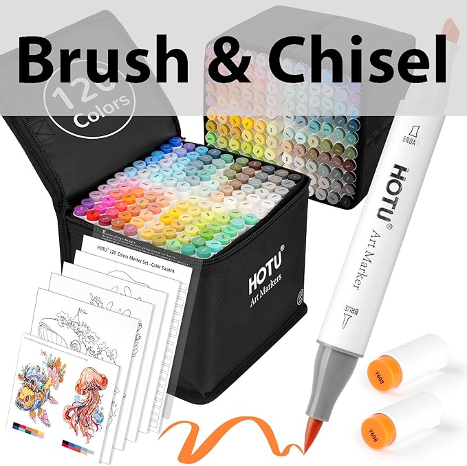 HOTU 120 Colors Alcohol Markers, Dual Tip Brush & Chisel for Adult Coloring Books No Bleed Alcohol-Based Art Markers Set with Case, Blender Anti-Bleed Pad for Illustration Sketching