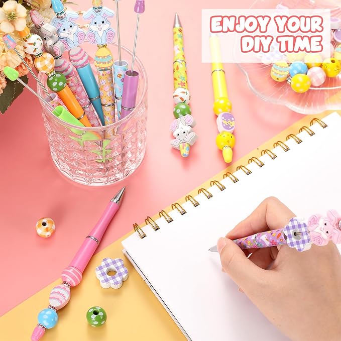 Geyee 12 Set Plastic Beadable Pens Assorted Bead Pens Crystal Wood Round Spacer Set Black Ink DIY Ballpoint for Women Men Gift Office Supplies(Rabbit)