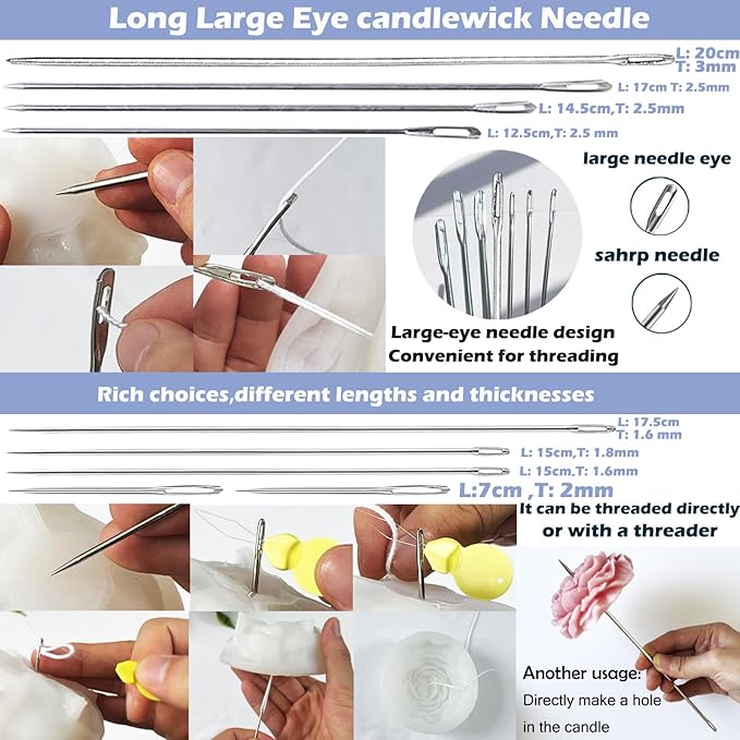 Nimozekd 31PCS Wick Kits for Candle Making Wicks Inserting Nursing with Storage Bag Large Hole Needles for Silicone Candle Mold Hook Eye Punch Needle,7in Wicks Trimmer & Dipper,Wick Roll 200 Ft ect