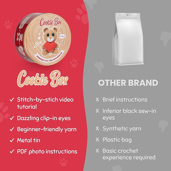 Cookie Box Crochet Kit for Beginners β Gift Set to Make Bear Charlie Amigurumi Plushie β Easy DIY Crochet & Knitting Starter Kit with Video and PDF Tutorials