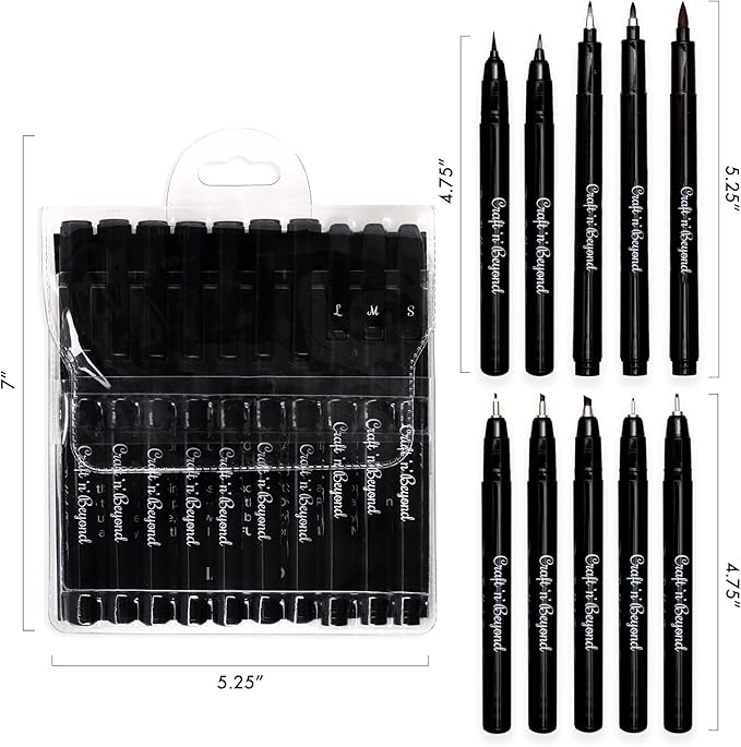 Craft 'n' Beyond Calligraphy Brush Pens Pack of 10 Markers for Hand Lettering, Art Drawing, Sketching, Scrapbooking, Writing, Journaling tip - Beginner Kit with Fadeproof Black Ink
