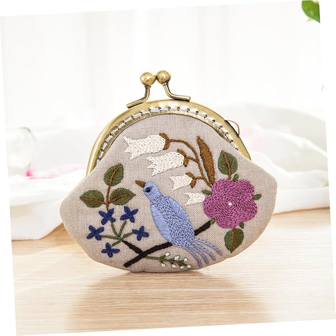 CIMAXIC DIY Embroidery Coin Purse Kit for Beginners with Wool Needle Handmade Embroidery Tools Set Round Fabric Clutch Bag for Women and Girls Includes Patterns and Accessories