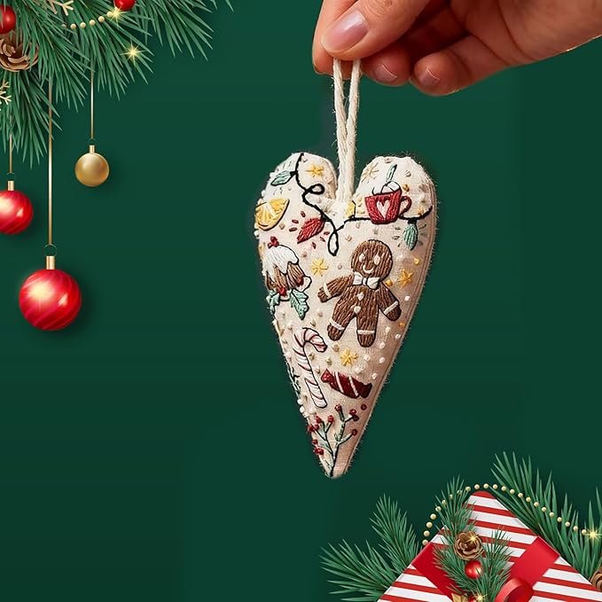 4 PCS Christmas Ornament Embroidery Kits,DIY Heart Shaped Hand Christmas Tree Embroidered Ornament,Nativity Cross Stitch Kit for Winter Pattern Embroidery Decoration,Holiday Hanging Home Decor Gift