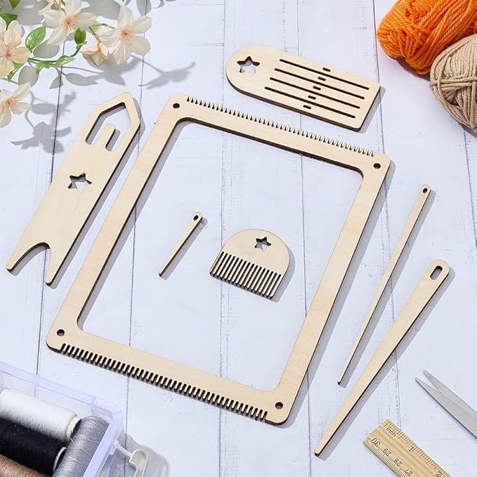 BEUNITONE 7 Pcs Wood Weaving Loom Kits for Beginners Weaving Loom Frame with Tools Bookmark Loom with Weaving Comb and Crochet Needle Knitting Crafts Loom for Adults Weaving Lovers DIY 2 Sets