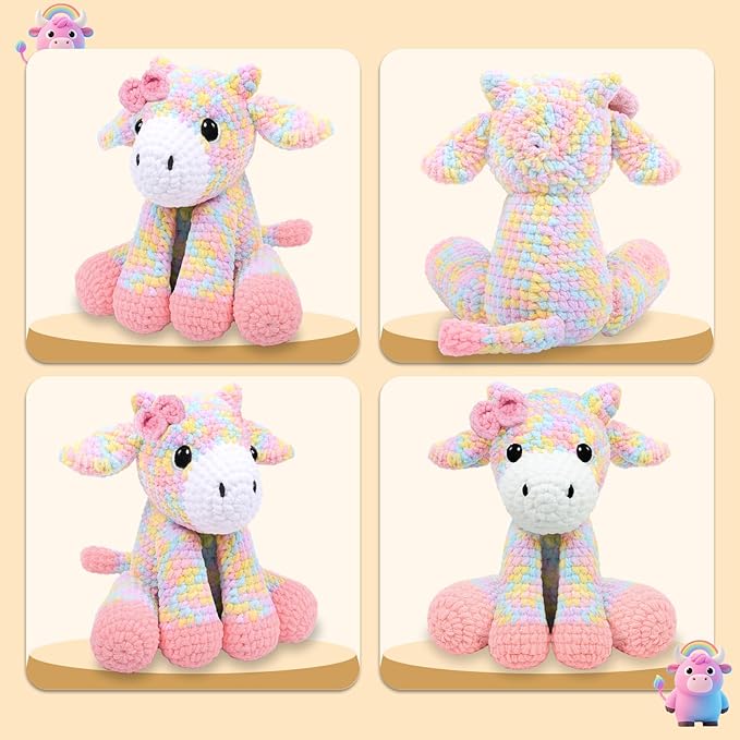 CODGP Crochet Kit for Beginners,11.8in Crochet Animal Kit Rainbow Cow, Beginner Crochet Kits Gift for Adults with Yarn Sets,Amigurumi Crochet Kit with Step-by-Step Video Tutorials