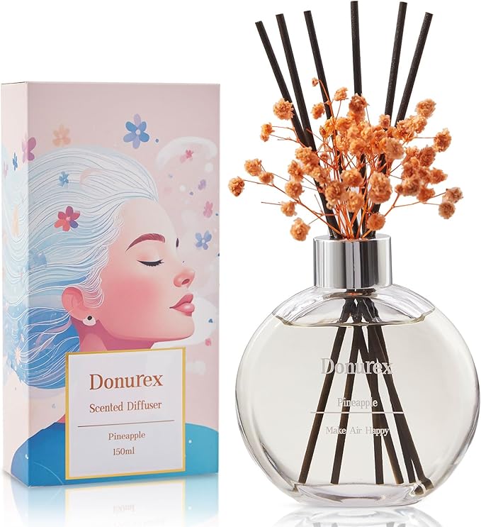 Donurex Flower Reed Diffuser Set 5.07oz Pineapple Scent Diffuser with Sticks Home Fragrance Reed Diffuser for Bathroom Shelf Decor
