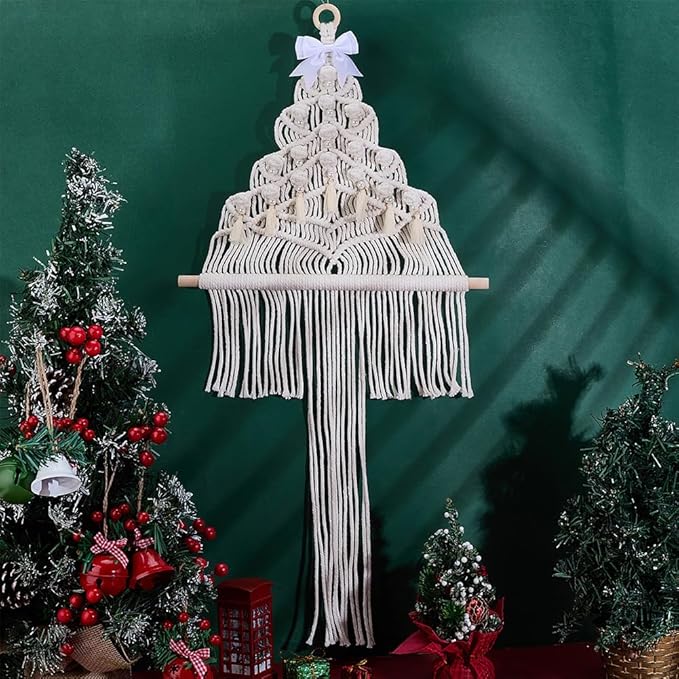 FREEBLOSS Macrame DIY Kit Christmas Tree Macrame Tassels Wall Hanging Christmas Tree Hanging Ornaments White Wall Tassels Tapestry with Wooden Star for Handmade Craft Beginners