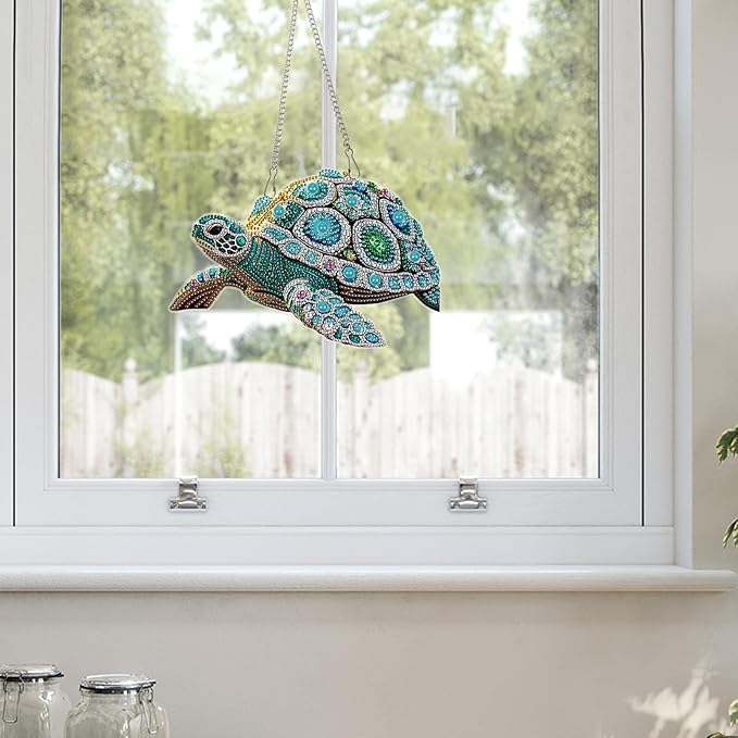 DIY Diamond Painting Sea Turtle Hanging Ornament Kit β 5D Crystal Turtle Wall Art Craft with Chain β Ocean Animal Rhinestone Suncatcher Decoration for Home Window Door Balcony Gift Idea