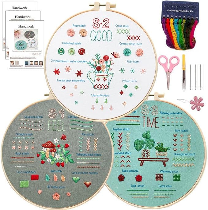 Embroidery Kit for Adult Beginners, 3-Pack 33-Stitch Practice Samplers, Pre-Stamped Patterns, 7.8-Inch Hoop, Threads & Needles, Step Guide and Video, DIY Needlework Craft Gift for Women