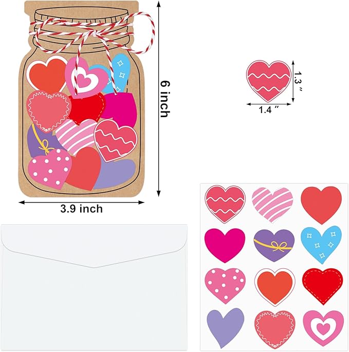 32 Sets Valentine's Day Love Jar Craft Kit DIY Paper Heart in Jar Note Cards and Envelopes Love Hearts Stickers for Valentine's Day Greeting Classroom Activity