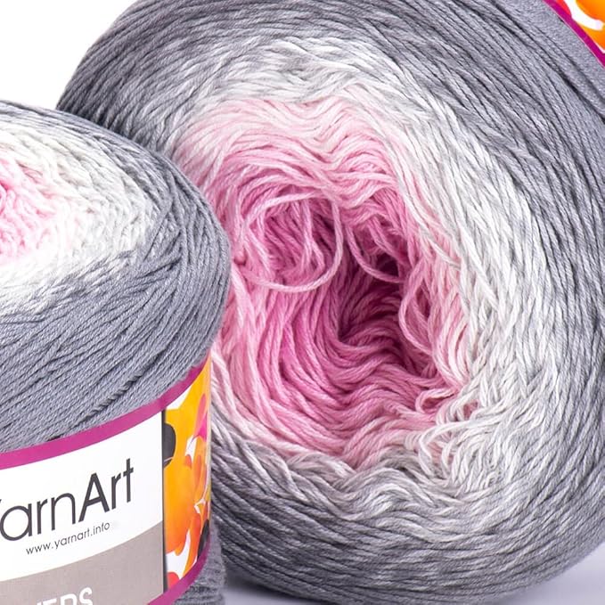 2 Skein/Pack Yarnart Flowers Gradient Yarn, Each Ball 8.8 Oz (250gr) / 1094 Yards (1000m), 55% Cotton 45% Acrylic, Superfine Fingering Weight for Knitting and Crochet, 293 - Pink Gray