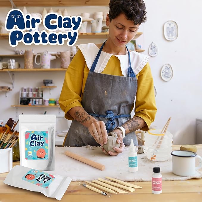 Air Dry Clay Kit for Adults, 3.3Lbs + 30PCS Pottery Craft Kit for Beginners, Sculpting Tools Set & Step-by-Step Guide, 12 Paints, Paintbrush, Varnish, and more - Crafts for Adults for Birthdays Gift