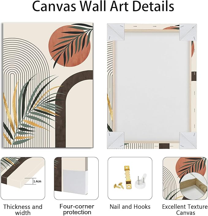 3 Pcs Boho Beige Canvas Wall Art Aesthetic Green Botanical Wall Pictures Minimalist Geometric Line Plants Leaf Art Prints Painting Home Decor for Bedroom Living Room Office Ready To Hang 16"x24"x3Pcs
