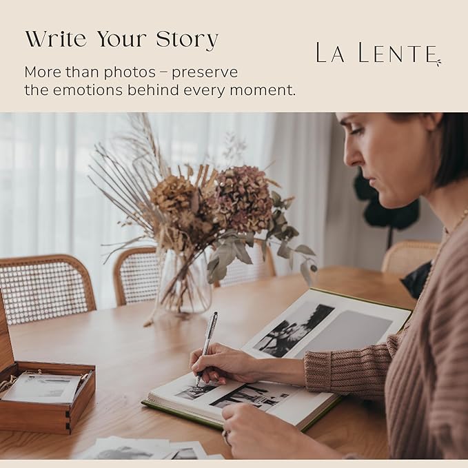 Premium Scrapbook Album with Window and Writing Space – 60 Pages holds 200 Photos of Different Sizes – Wedding, Baby, Travel & Family Memories – 11.4" x 8.6" - Olive