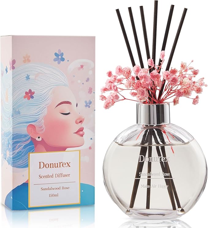 Donurex Flower Reed Diffuser Set 5.07oz Sandalwood Rose Scent Diffuser with Sticks Home Fragrance Reed Diffuser for Bathroom Shelf Decor