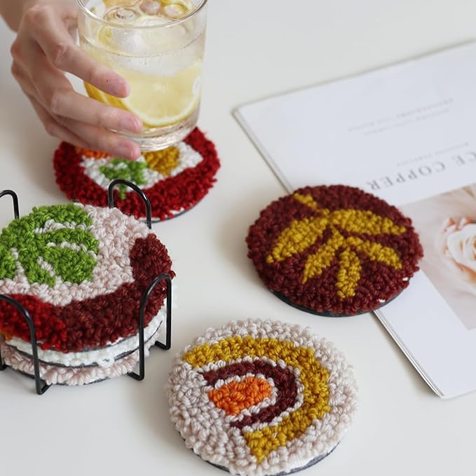 Temlum Punch Needle Coasters Kit, Punch Needle Embroidery Kit for Beginners and Adults Including Patterns, Tools, Yarns, Hoop, Instruction, Coaster Holder Coaster Art Craft Supplies (Plants)