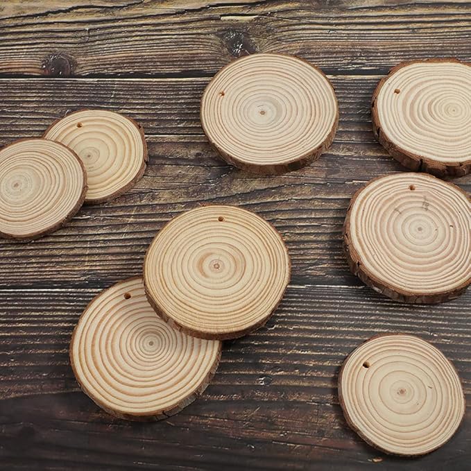 Artmag Natural Wood Slices 20pcs 3.5"-4" Unfinished DIY Crafts Predrilled with Hole Round Wooden Circles for Arts Rustic Wood Slices Christmas Ornaments Decor