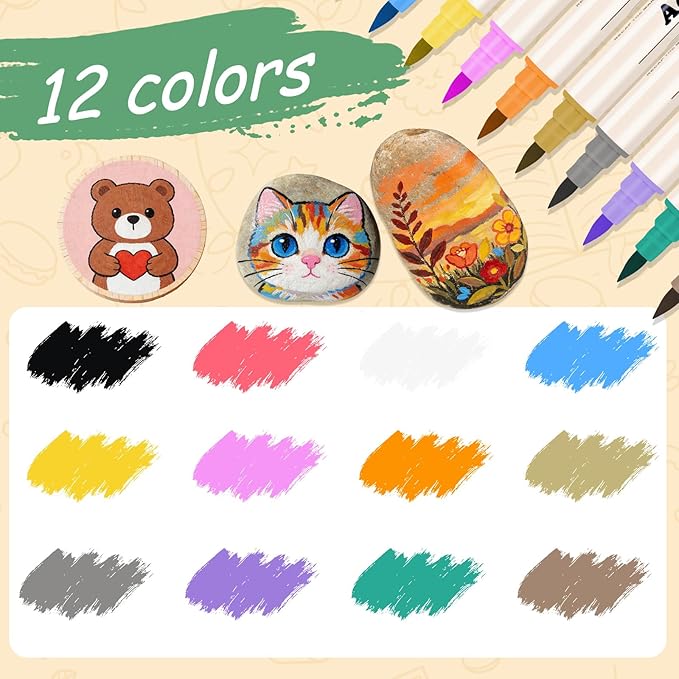 SZTCECDM 12 Colors Acrylic Paint Markers Set, Waterproof Acrylic Paint Pens, Dual Tip Drawing Markers with Brush and Fine Tip for Wood, Rock, Canvas, Glass