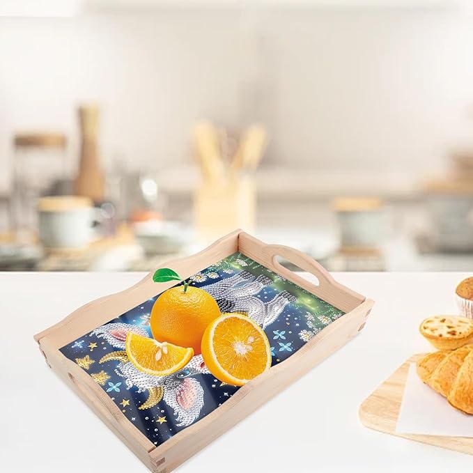 JISHSHAY Diamond Art Serving Tray Diamond Painting Food Tray Gem Art Serving Platter Gem Painting Mosaic Kits for Adults DIY Kits for Adults, with Wood Handle 20×30cm/7.87×11.81in, Cattle Cow