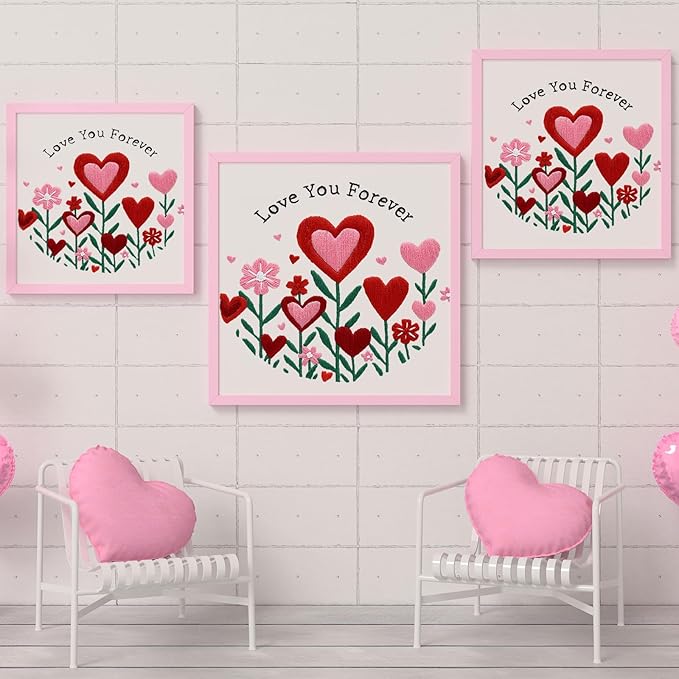 Nuberlic Valentine Embroidery Kit for Beginners - Heart Floral Design Adults Starter Cross Stitch Kit DIY Needlepoint with Hoop, Pre-Printed Fabric, Threads & Step-by-Step Guide